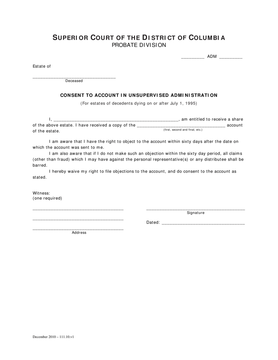 Consent to Account in Unsupervised Administration (For Estates of Decedents Dying on or After July 1, 1995) - Washington, D.C., Page 1