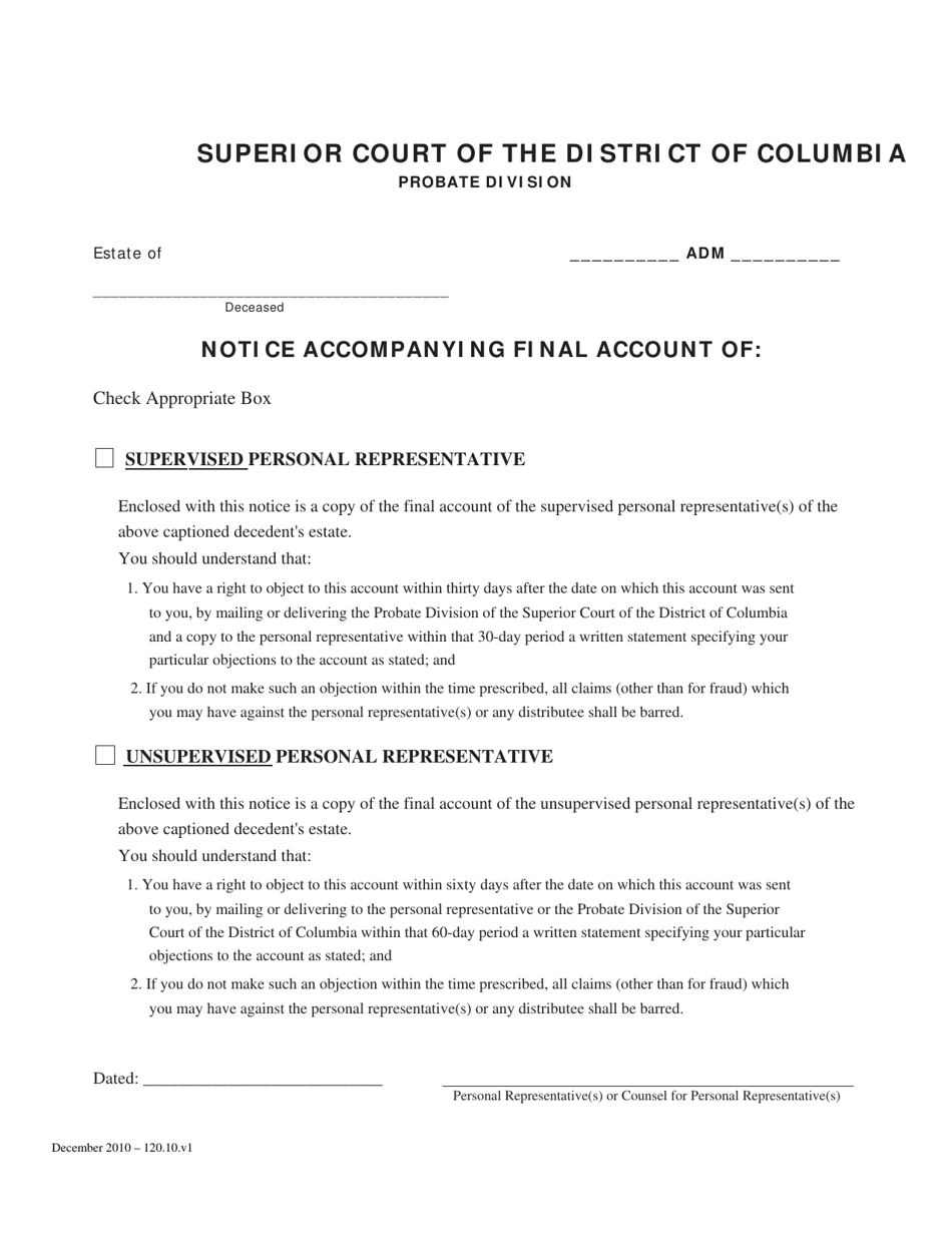 Notice Accompanying Final Account - Washington, D.C., Page 1