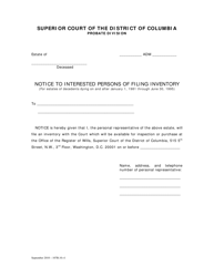 Document preview: Notice to Interested Persons of Filing Inventory (For Estates of Decedents Dying on and After January 1, 1981 Through June 30, 1995) - Washington, D.C.
