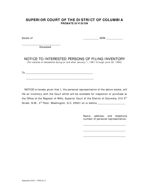 Notice to Interested Persons of Filing Inventory (For Estates of Decedents Dying on and After January 1, 1981 Through June 30, 1995) - Washington, D.C.