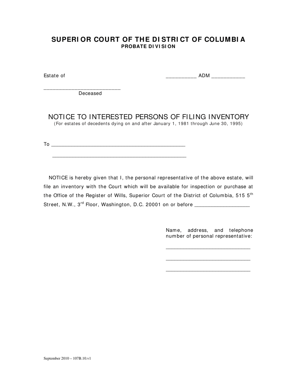 Notice to Interested Persons of Filing Inventory (For Estates of Decedents Dying on and After January 1, 1981 Through June 30, 1995) - Washington, D.C., Page 1