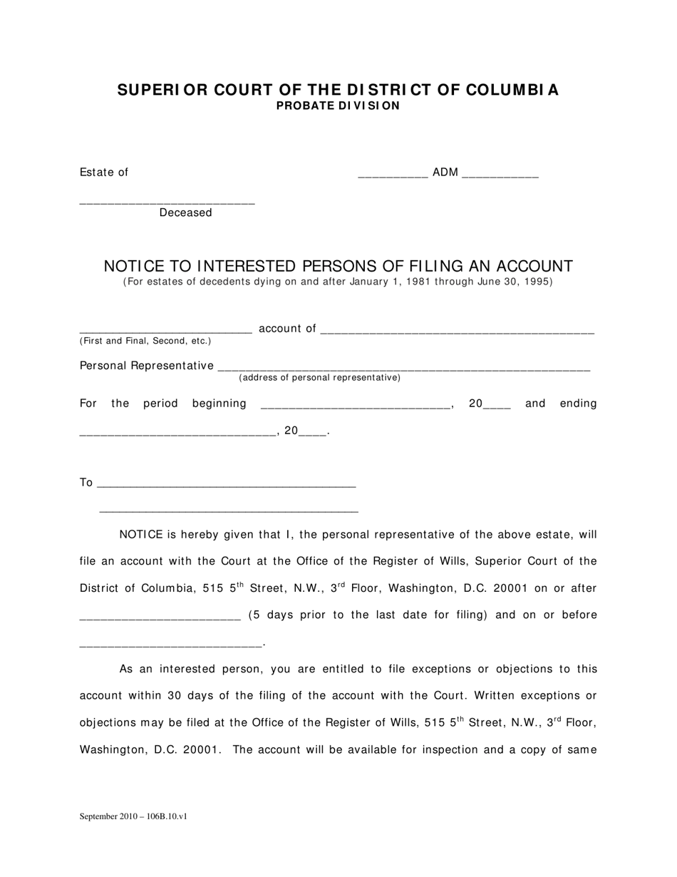 Notice to Interested Persons of Filing an Account (For Estates of Decedents Dying on and After January 1, 1981 Through June 30, 1995) - Washington, D.C., Page 1