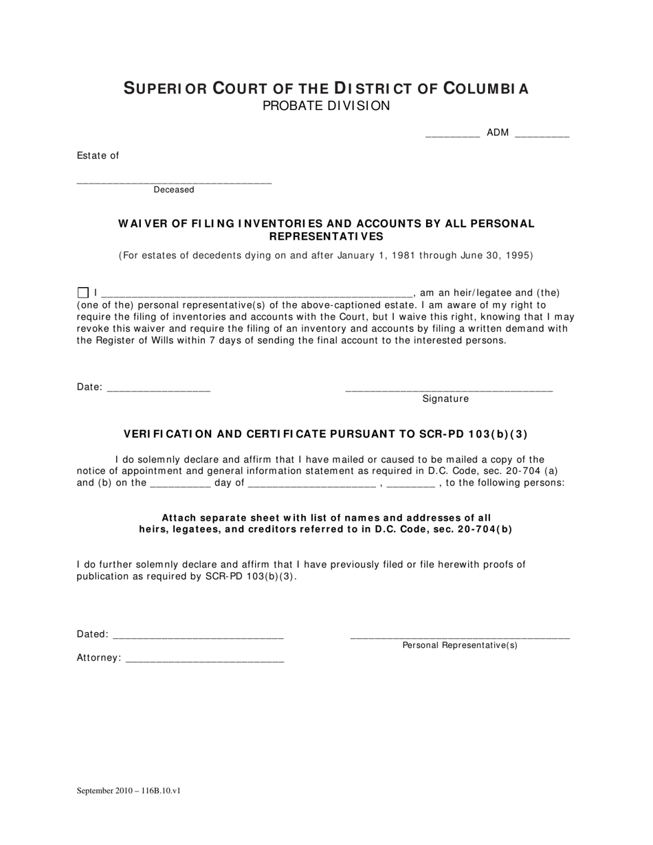 Waiver of Filing Inventories and Accounts by All Personal Representatives (For Estates of Decedents Dying on and After January 1, 1981 Through June 30, 1995) - Washington, D.C., Page 1
