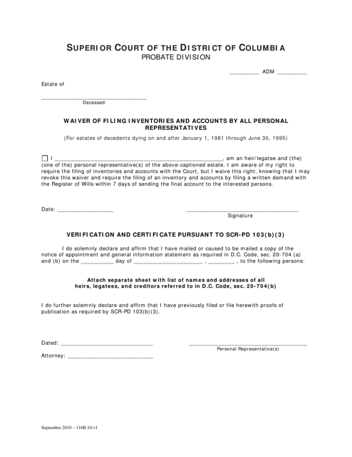 Waiver of Filing Inventories and Accounts by All Personal Representatives (For Estates of Decedents Dying on and After January 1, 1981 Through June 30, 1995) - Washington, D.C. Download Pdf