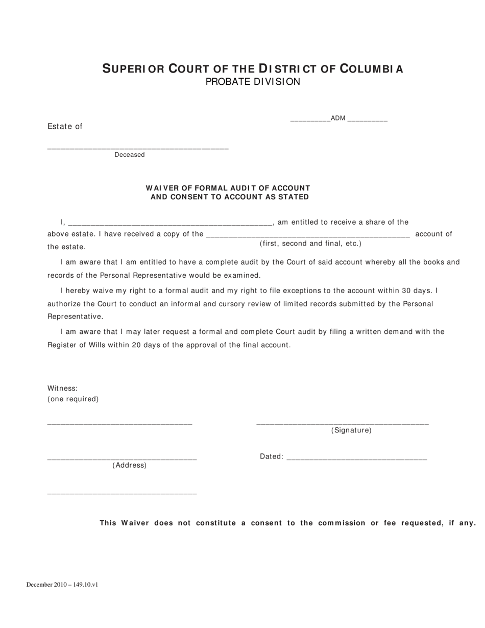 Waiver of Formal Audit of Account and Consent to Account as Stated - Washington, D.C., Page 1
