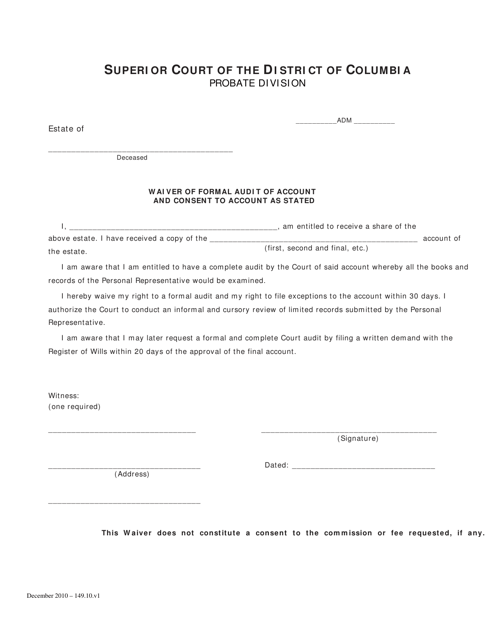 Waiver of Formal Audit of Account and Consent to Account as Stated - Washington, D.C. Download Pdf