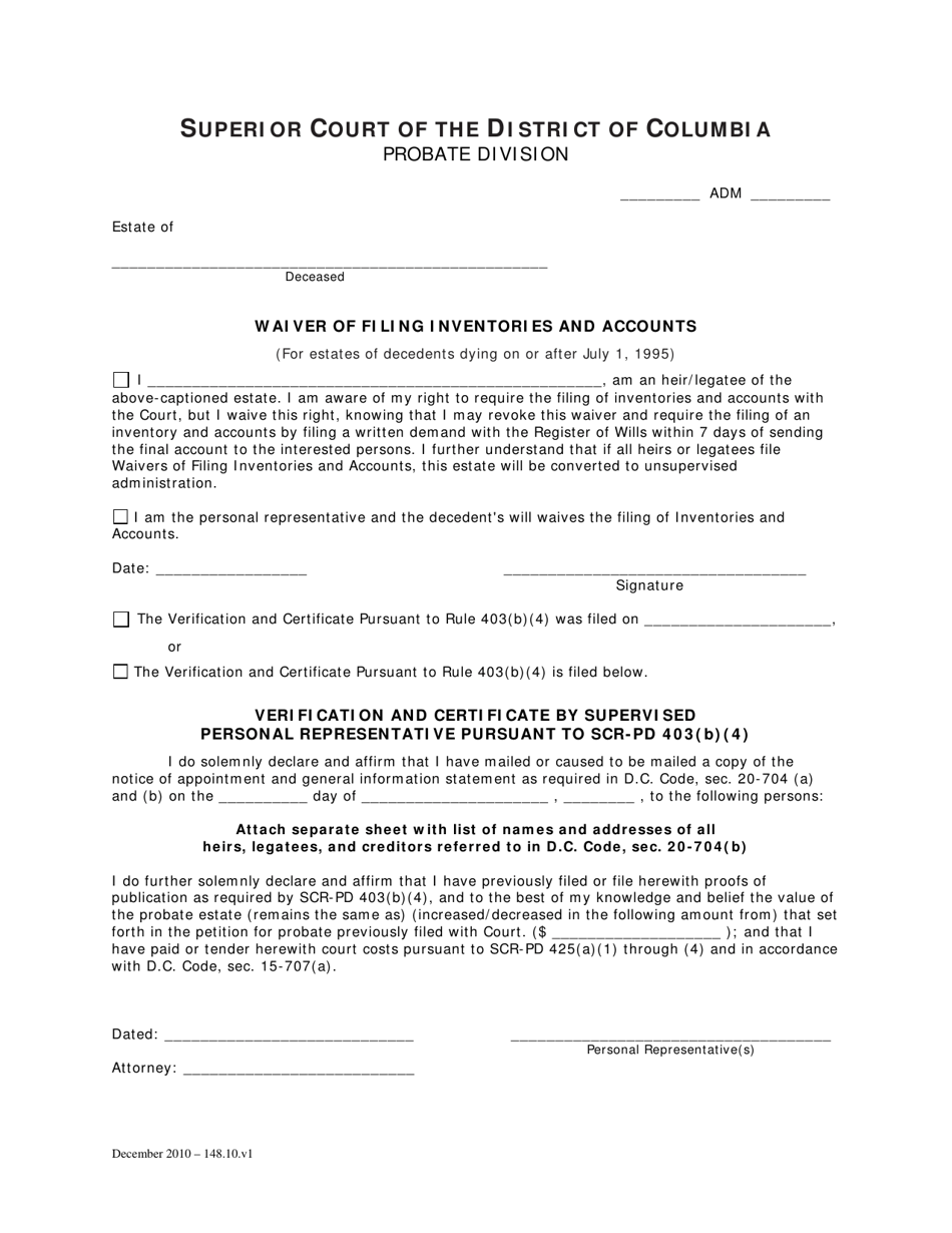 Waiver of Filing Inventories and Accounts (For Estates of Decedents Dying on or After July 1, 1995) - Washington, D.C., Page 1