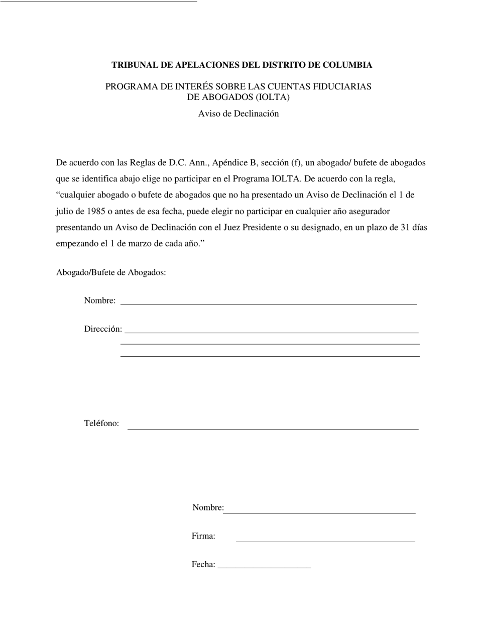 Aviso De Declinacion - Programa De Interes Sobre Las Cuentas Fiduciarias De Abogados (Iolta) - Washington, D.C. (Spanish), Page 1