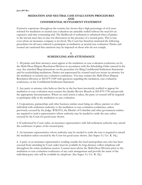 Confidential Settlement Statement - Multi-Door Dispute Resolution Division - Washington, D.C. Download Pdf