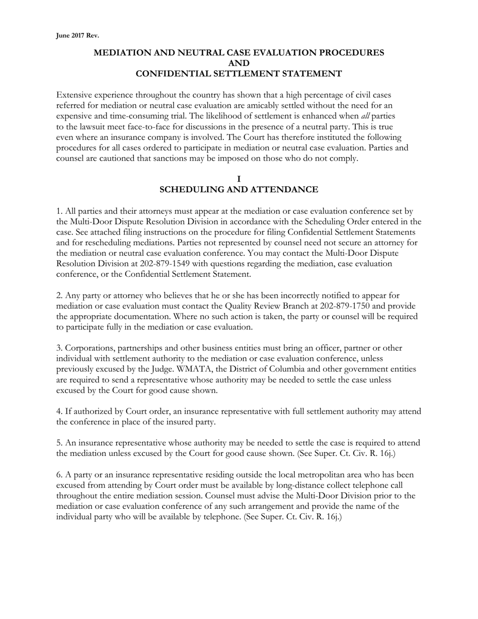 Confidential Settlement Statement - Multi-Door Dispute Resolution Division - Washington, D.C., Page 1