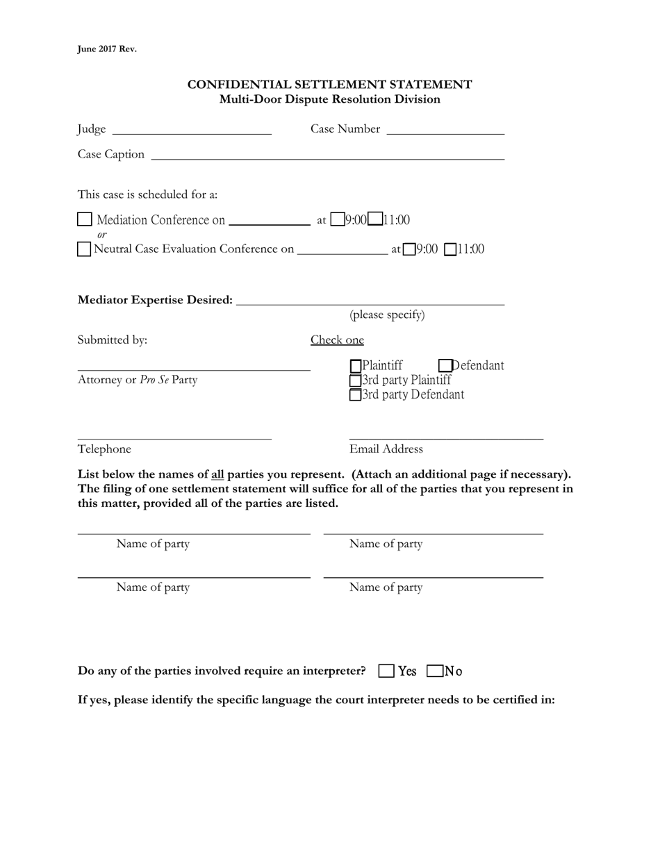 Confidential Settlement Statement - Multi-Door Dispute Resolution Division - Washington, D.C., Page 4