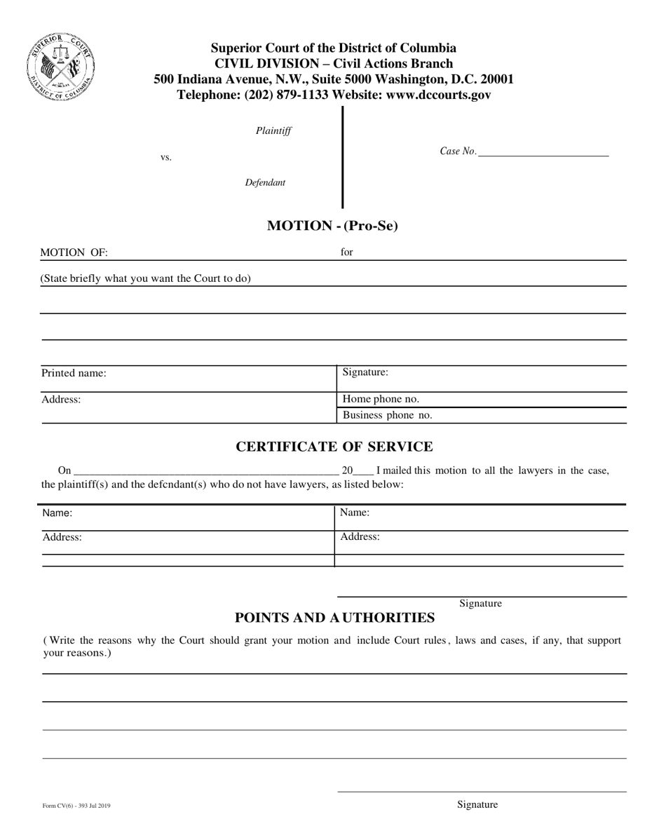 Form CV(6)-393 Motion (Pro Se) - Washington, D.C., Page 1