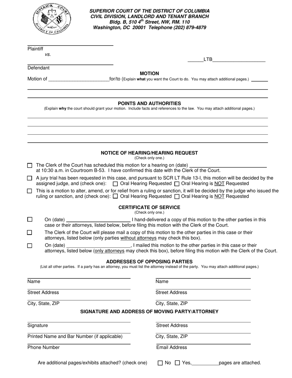 Motion (Pro Se) - for Landlord and Tenant - Washington, D.C., Page 1