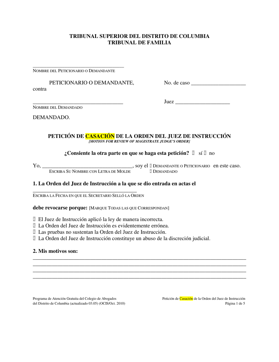 Peticion De Casacion De La Orden Del Juez De Instruccion - Washington, D.C. (Spanish), Page 1