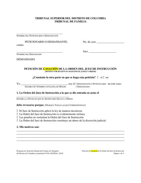 Peticion De Casacion De La Orden Del Juez De Instruccion - Washington, D.C. (Spanish) Download Pdf