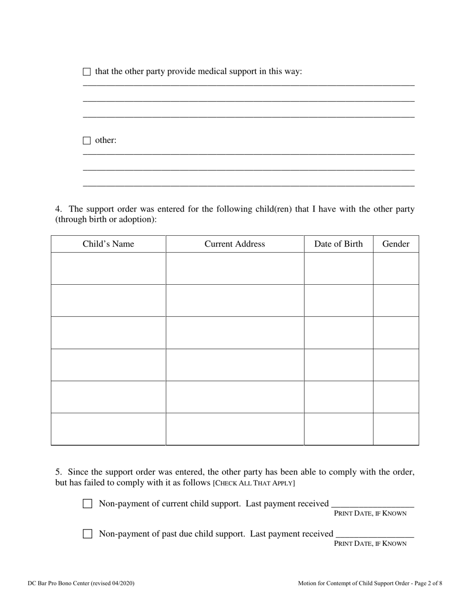 Motion for Contempt of Child Support Order - Washington, D.C., Page 2