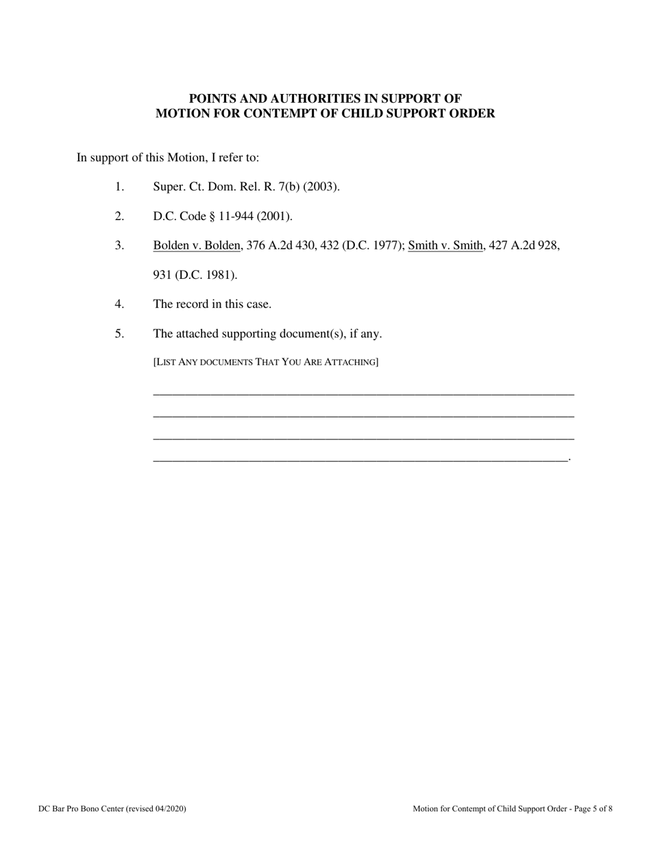 Washington, D.C. Motion for Contempt of Child Support Order Fill Out
