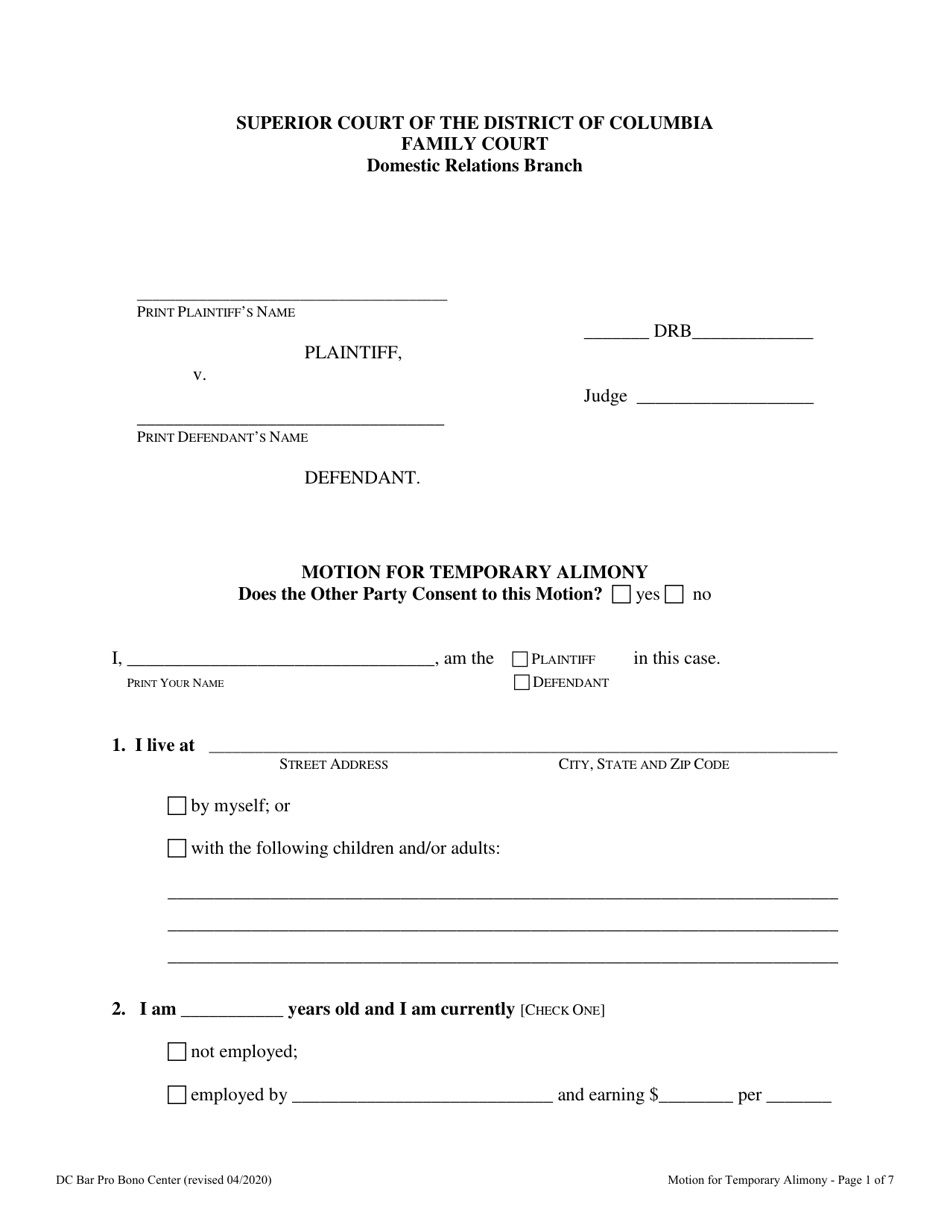 Motion for Temporary Alimony - Washington, D.C., Page 1