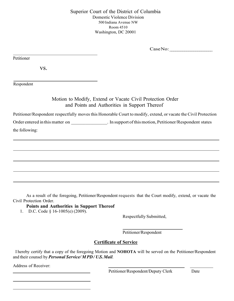 Motion to Modify, Extend or Vacate Civil Protection Order and Points and Authorities in Support Thereof - Washington, D.C., Page 1