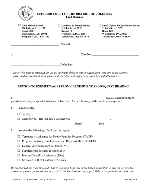 Motion to Exempt Wages From Garnishment and Request Hearing - Washington, D.C. Download Pdf