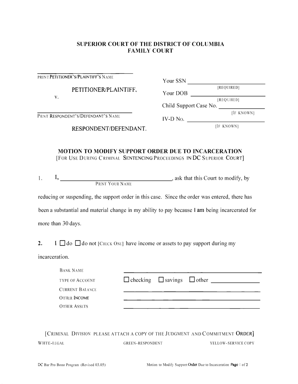 Motion to Modify Support Order Due to Incarceration - Washington, D.C., Page 1