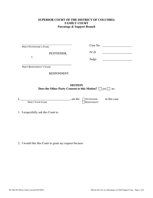 Motion for Use in a Parentage or Child Support Case - Washington, D.C. Download Pdf