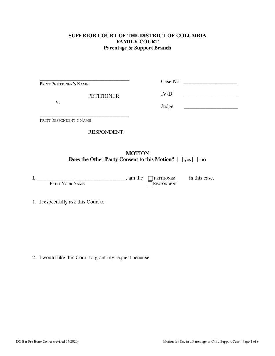 Motion for Use in a Parentage or Child Support Case - Washington, D.C., Page 1