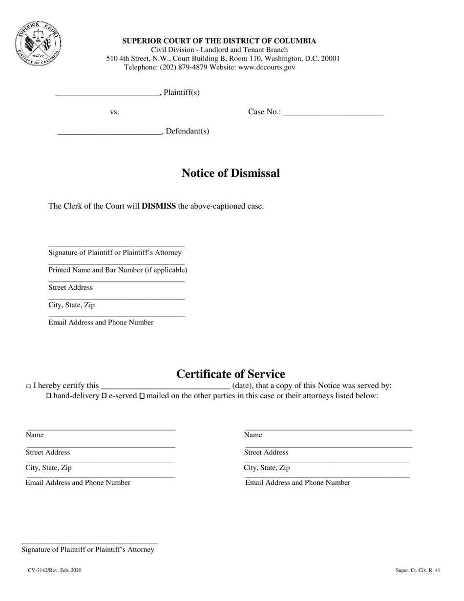 Form CV-3142 Notice of Dismissal - Washington, D.C., Page 1