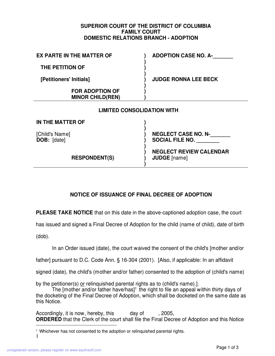 Washington, D.C. Notice of Issuance of Final Decree of Adoption - Fill ...