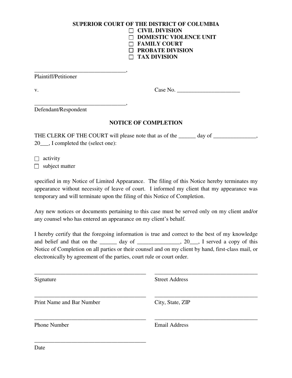Notice of Limited Appearance Completion - Washington, D.C., Page 1