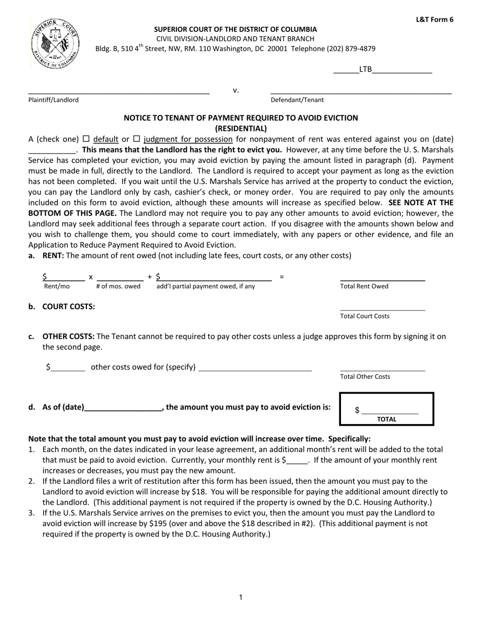 LT Form 6 Notice to Tenant of Payment Required to Avoid Eviction (Residential) - Washington, D.C., Page 1