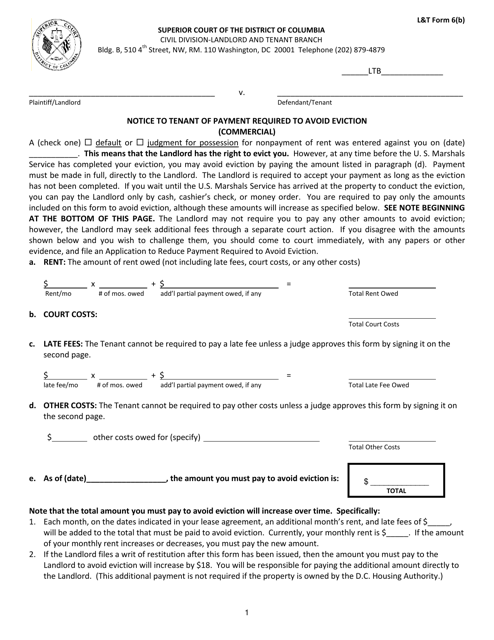 L&T Form 6(B) Notice to Tenant of Payment Required to Avoid Eviction (Commercial) - Washington, D.C.