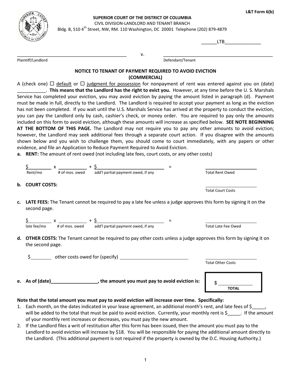 LT Form 6(B) Notice to Tenant of Payment Required to Avoid Eviction (Commercial) - Washington, D.C., Page 1