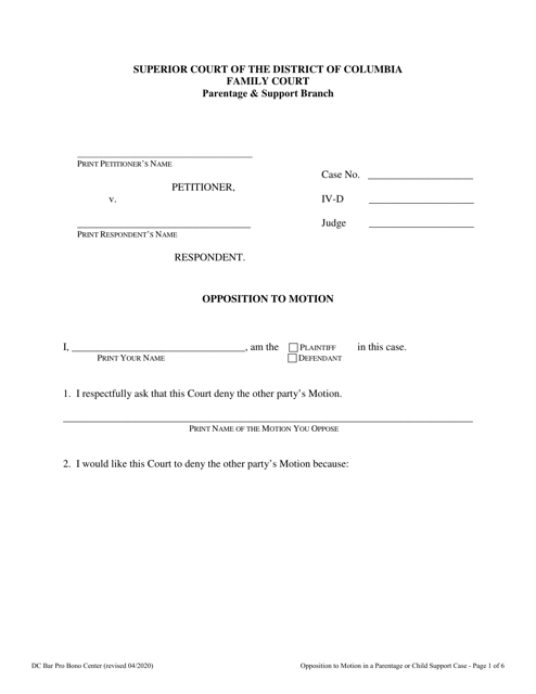 Opposition to Motion in a Parentage or Child Support Case - Washington, D.C. Download Pdf