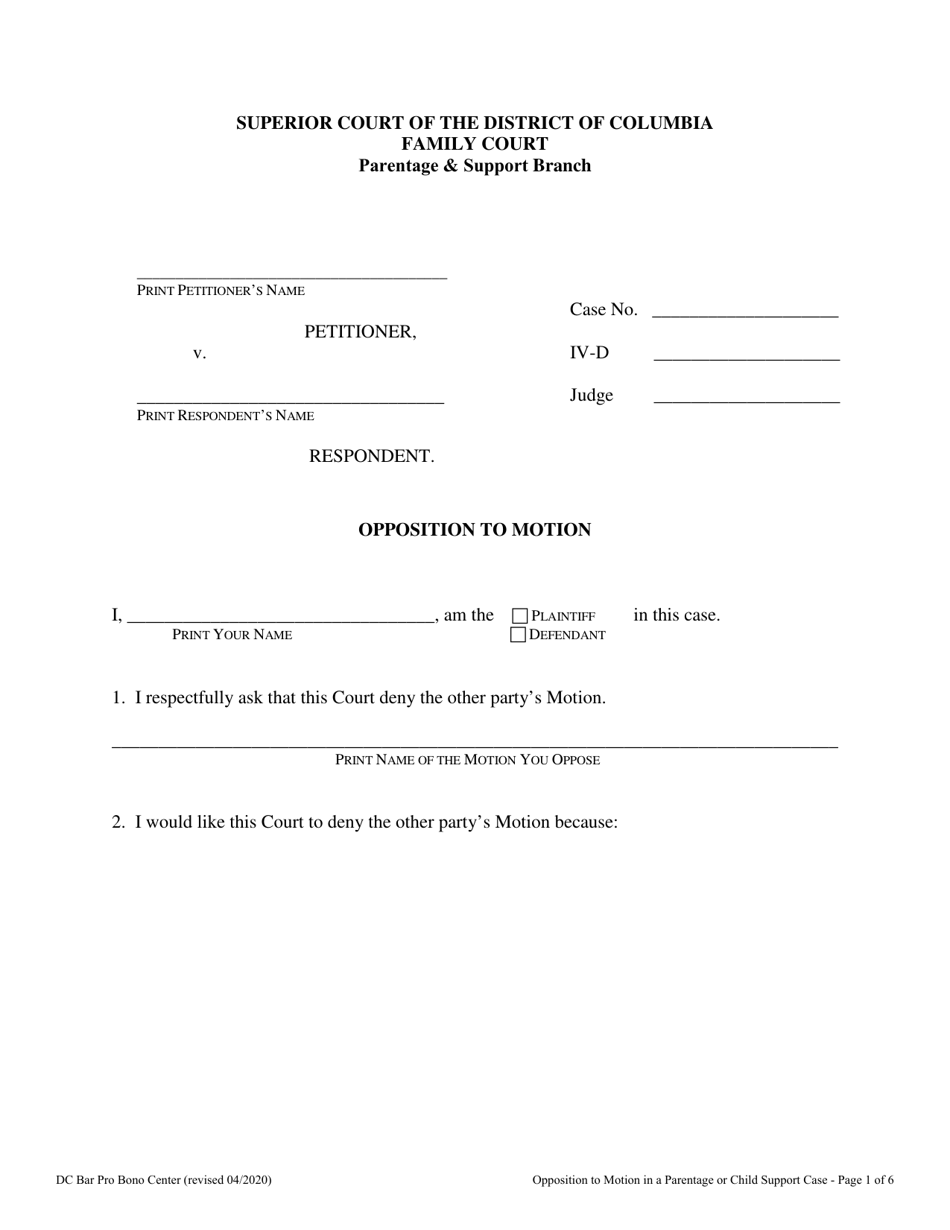 Opposition to Motion in a Parentage or Child Support Case - Washington, D.C., Page 1