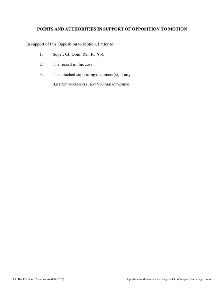 Opposition to Motion in a Parentage or Child Support Case - Washington, D.C., Page 3