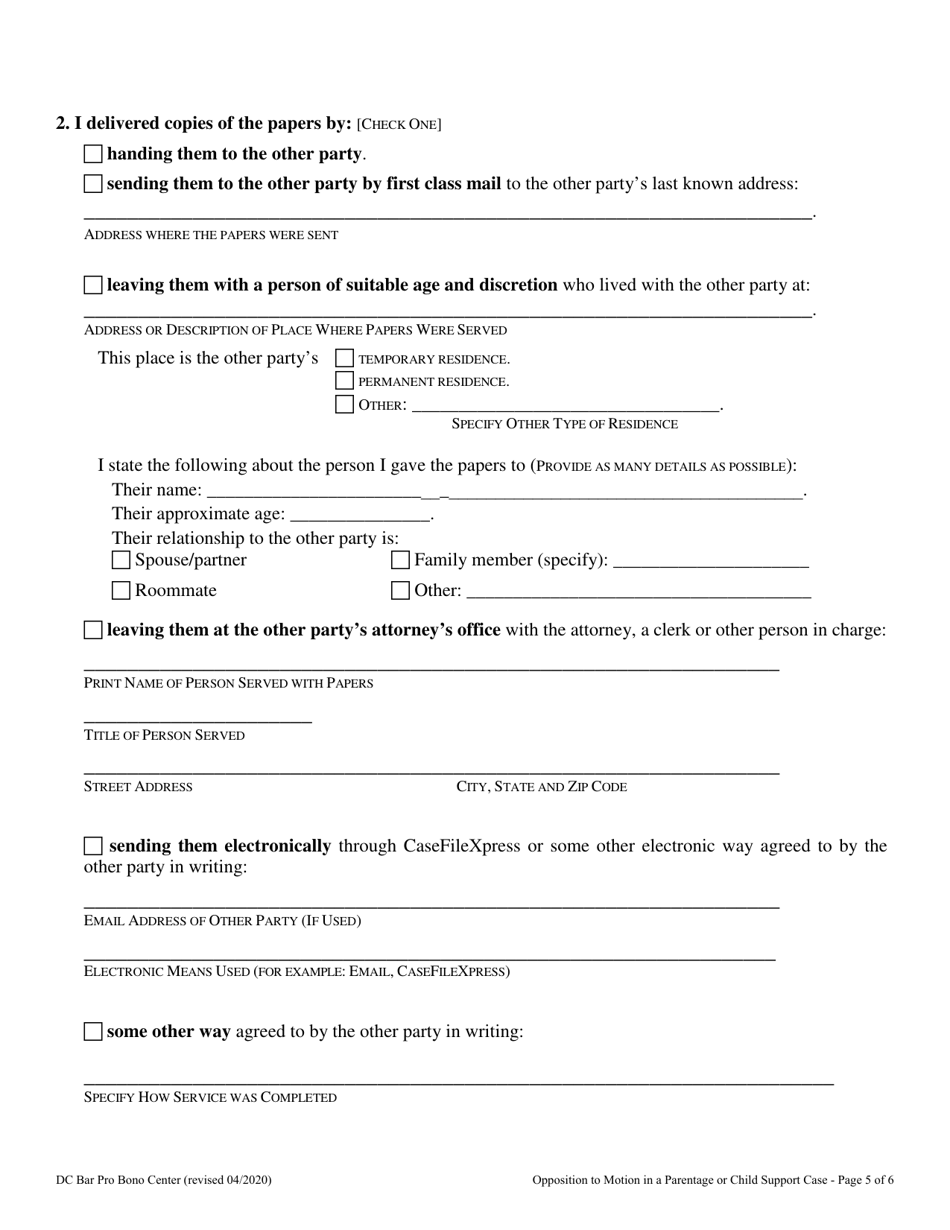 Opposition to Motion in a Parentage or Child Support Case - Washington, D.C., Page 5