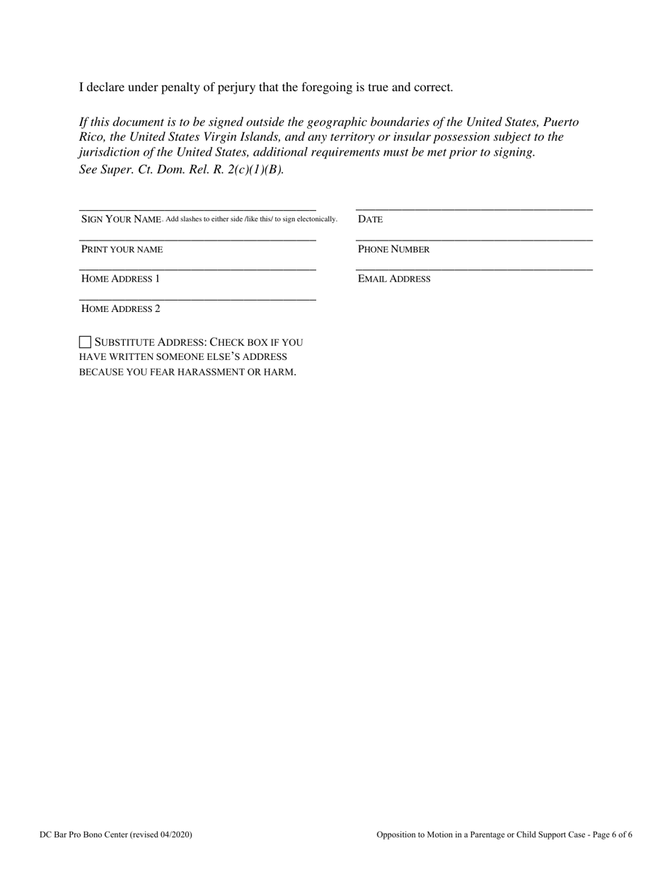 Opposition to Motion in a Parentage or Child Support Case - Washington, D.C., Page 6