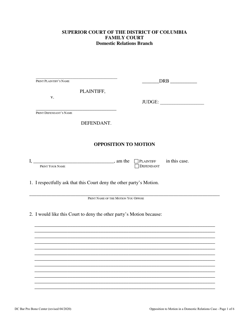 Opposition to Motion in a Domestic Relations Case - Washington, D.C., Page 1