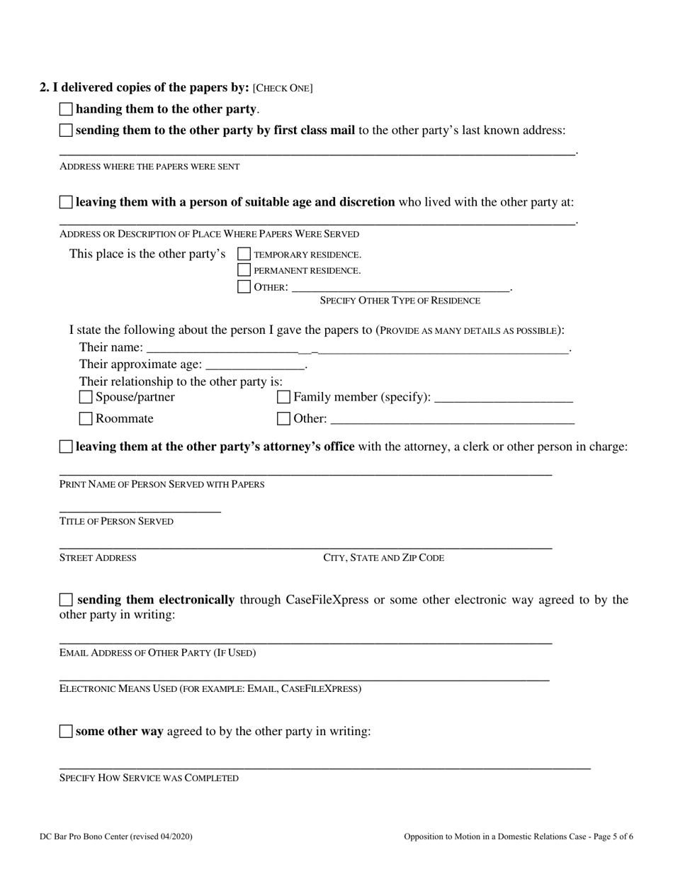 Opposition to Motion in a Domestic Relations Case - Washington, D.C., Page 5