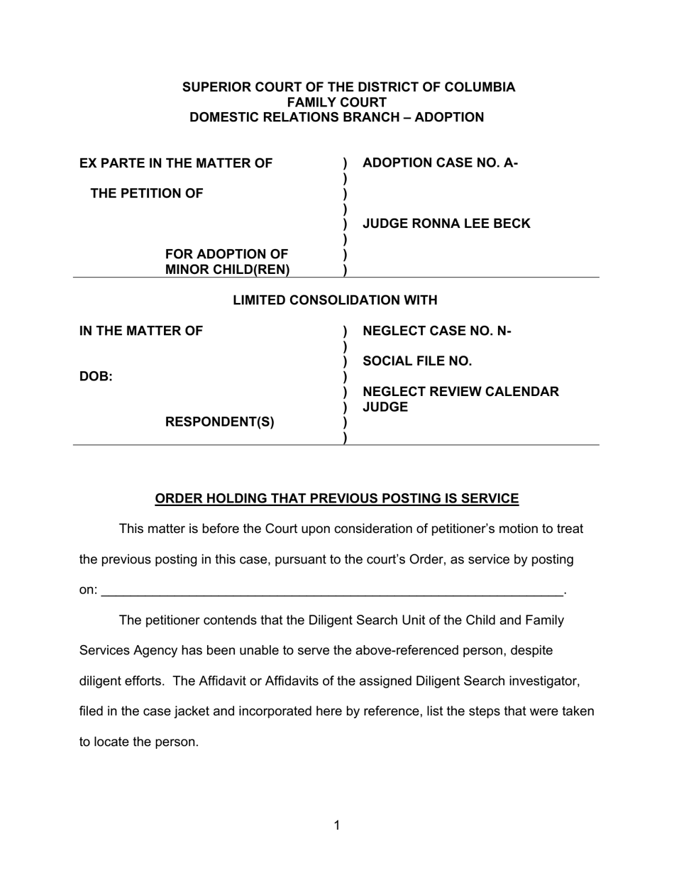 Order Holding That Previous Posting Is Service - Washington, D.C., Page 1