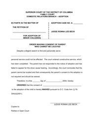 Document preview: Order Waiving Consent of Parent Who Cannot Be Located - Washington, D.C.