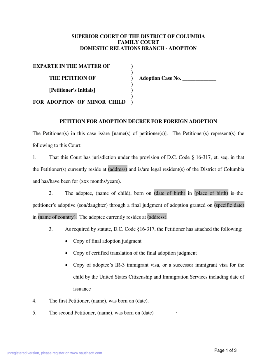 Petition for Adoption Decree for Foreign Adoption - Washington, D.C., Page 1