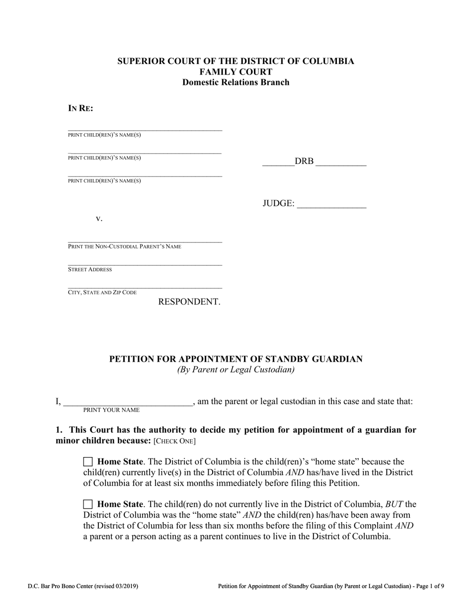 Petition for Appointment of Standby Guardian (By Parent or Legal Custodian) - Washington, D.C., Page 1