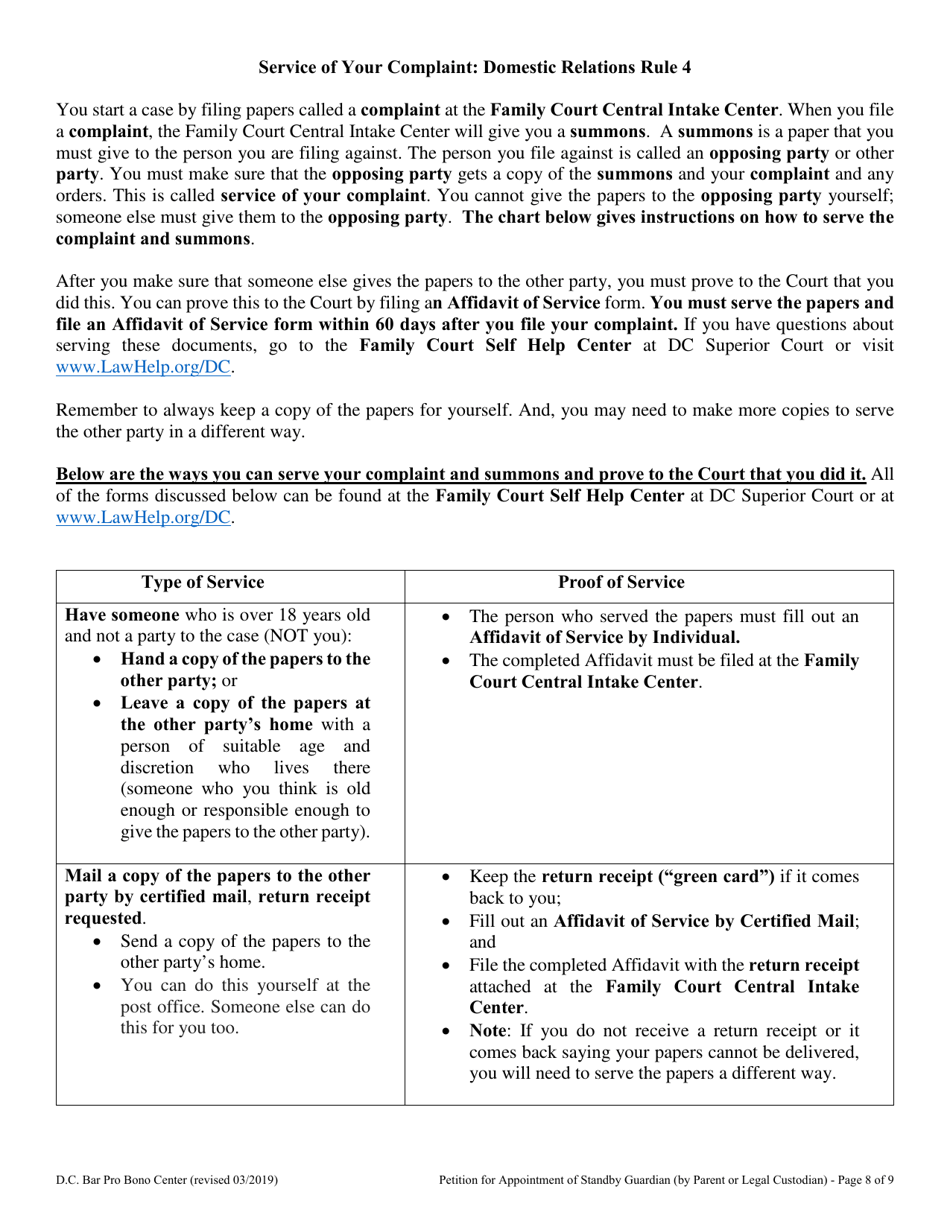 Petition for Appointment of Standby Guardian (By Parent or Legal Custodian) - Washington, D.C., Page 8