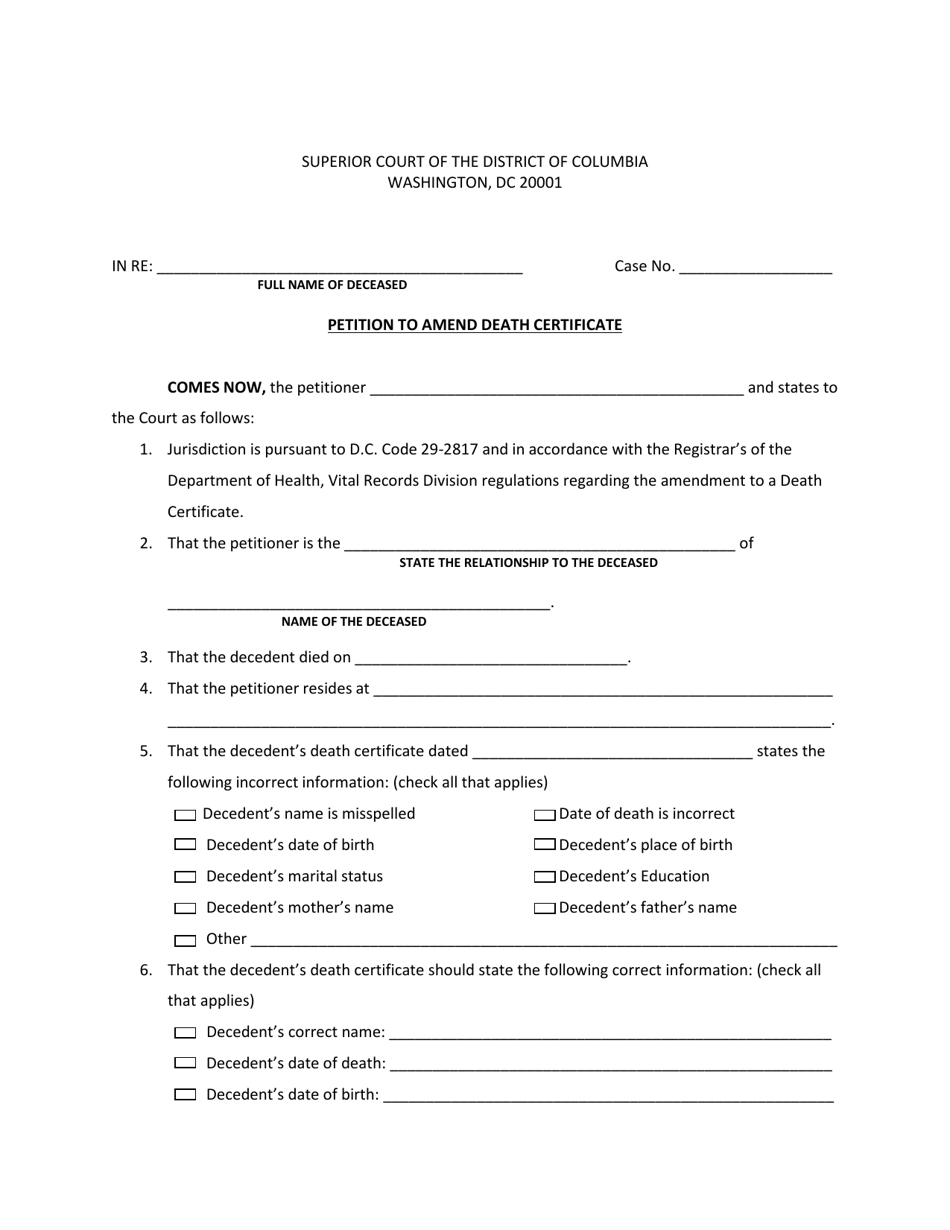 Petition to Amend Death Certificate - Washington, D.C., Page 1