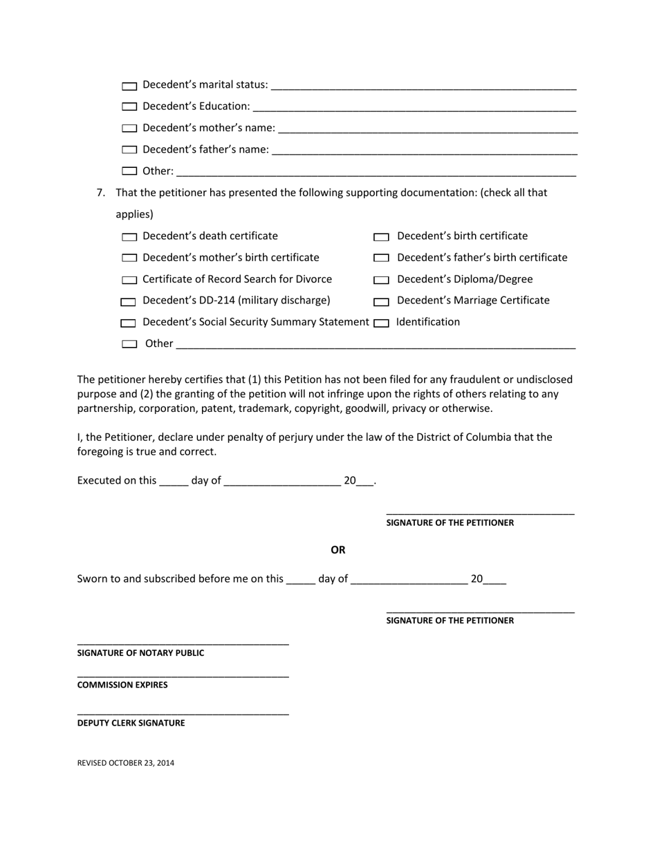 Petition to Amend Death Certificate - Washington, D.C., Page 2