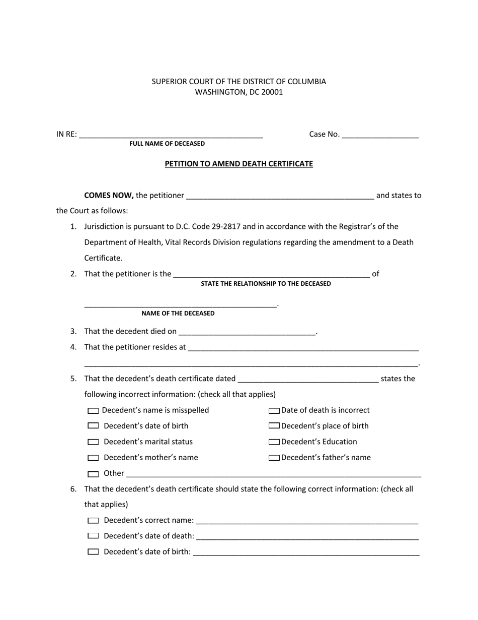 Washington, D.C. Petition to Amend Death Certificate - Fill Out, Sign ...