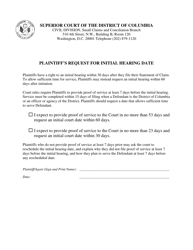 Document preview: Plaintiff's Request for Initial Hearing Date - Washington, D.C.