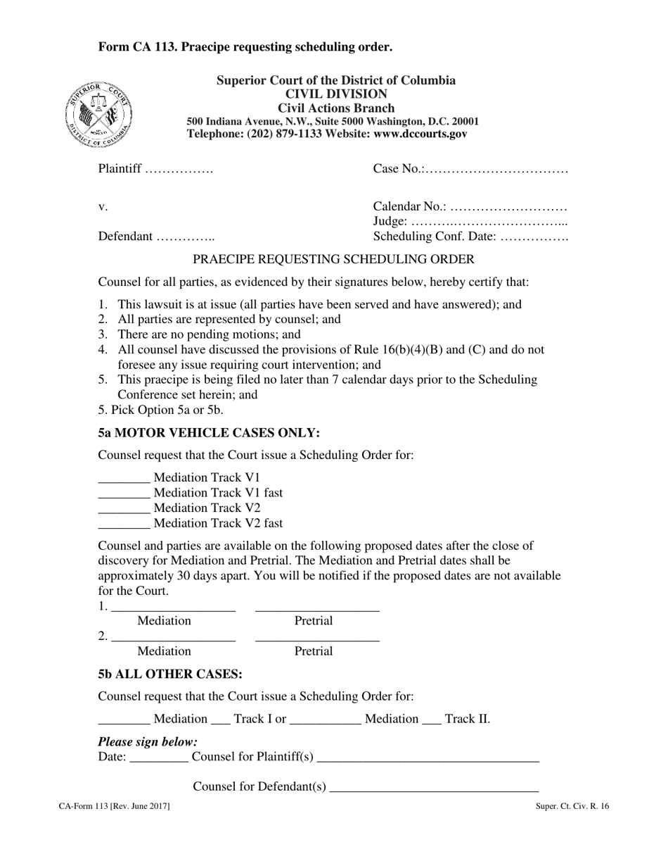 Form CA113 Praecipe Requesting Scheduling Order - Washington, D.C., Page 1